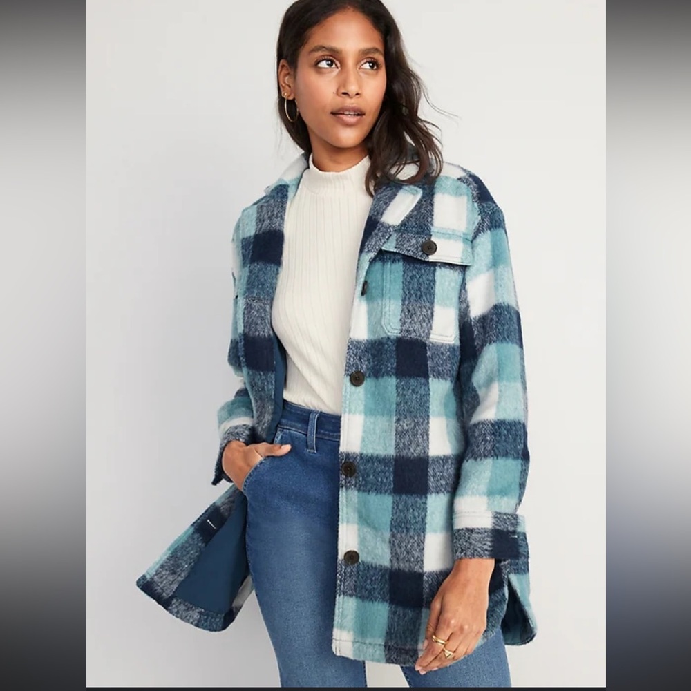 NWT Old Navy Printed Long Flannel Utility Shacket - blue plaid - small